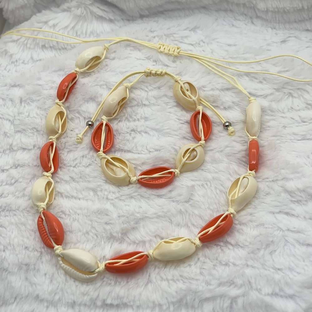 Cowrie Shell Coral/Natural Necklace & Bracelet Set